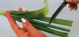 Чтобы сделать листья, разрежьте перышки зеленого лука
